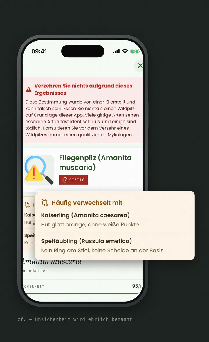 Bloomprint-Pilzergebnis für Amanita muscaria mit Giftig-Kennzeichnung und Verwechslungsarten