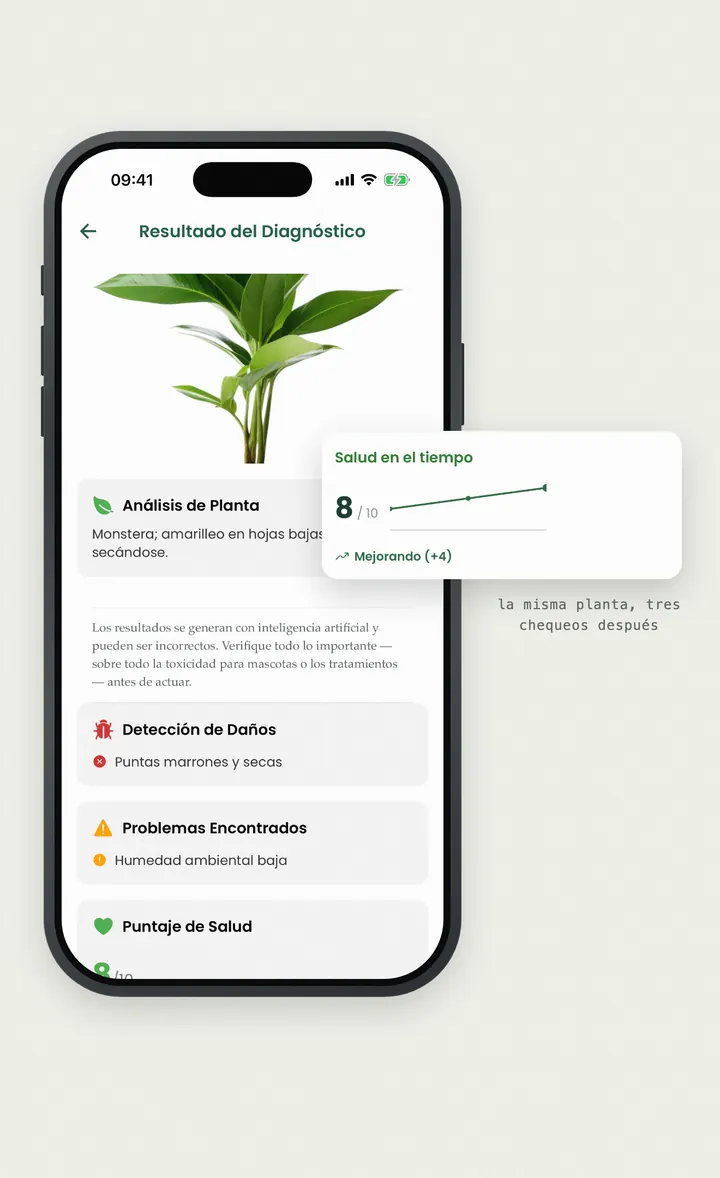 Pantalla de diagnóstico de Bloomprint con puntuación de salud, daños detectados y curva de recuperación
